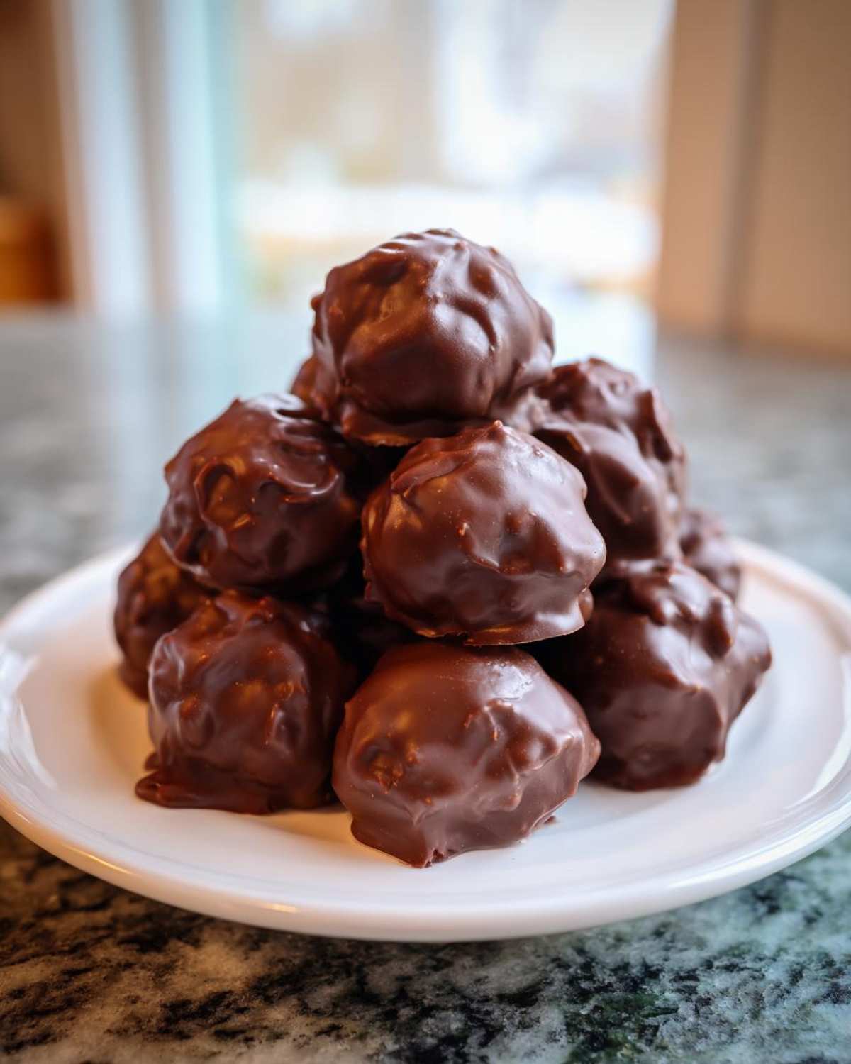 A close-up of a stack of rich, chocolate-covered Oreo balls piled high on a white dessert plate.