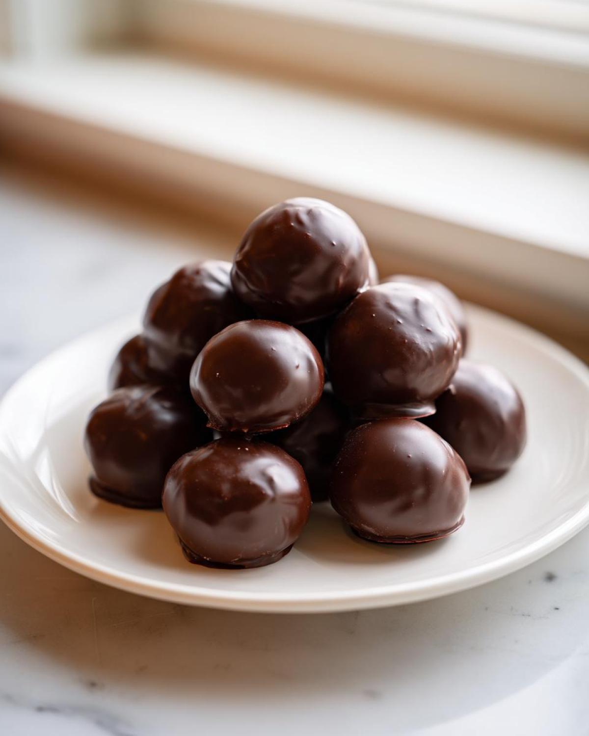 A stack of rich, dark chocolate covered Oreo balls piled high on a small white plate.