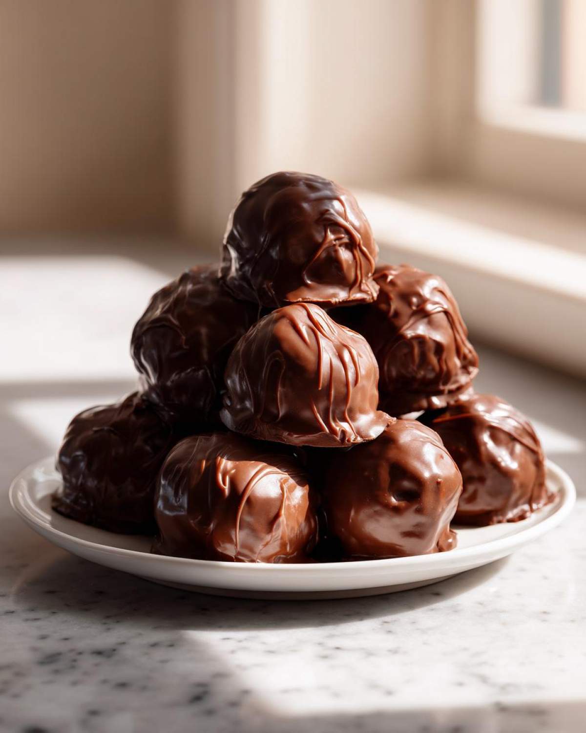 A stack of rich, chocolate-covered Oreo balls piled high on a small white plate.
