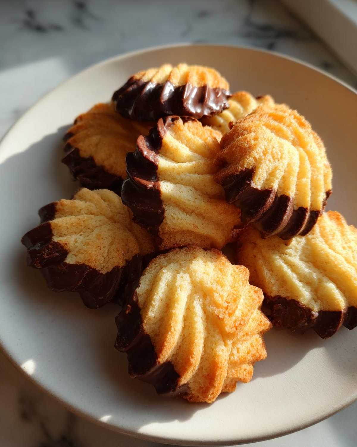 A pile of golden italian butter cookies, piped into a star shape and dipped in dark chocolate, resting on a light plate.