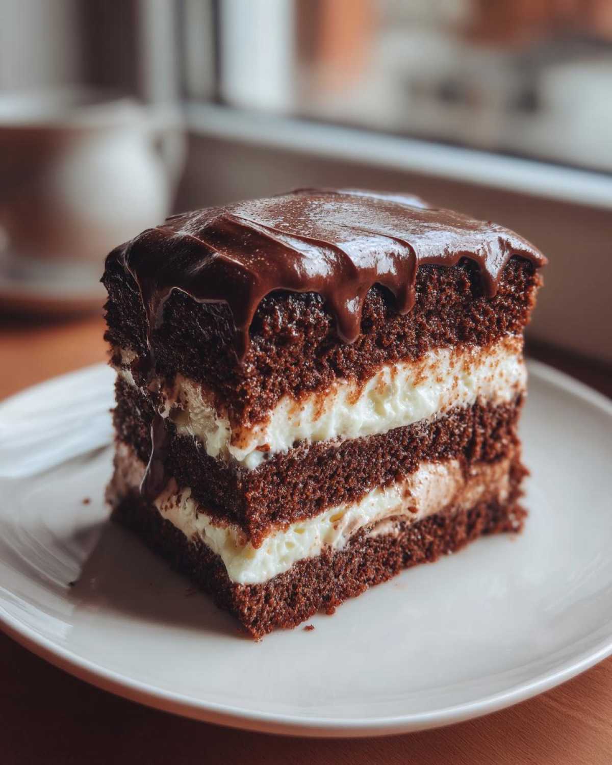 A decadent slice of layered chocolate cake with white cream filling and chocolate ganache, representing an italian love cake.