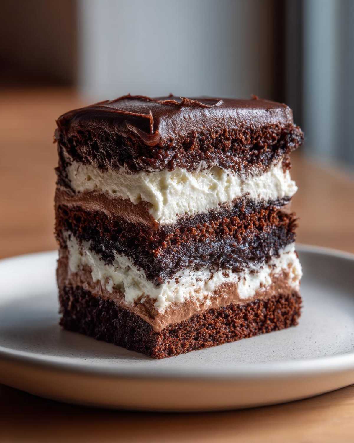 Close-up of a decadent, multi-layered chocolate cake slice, not the italian love cake.