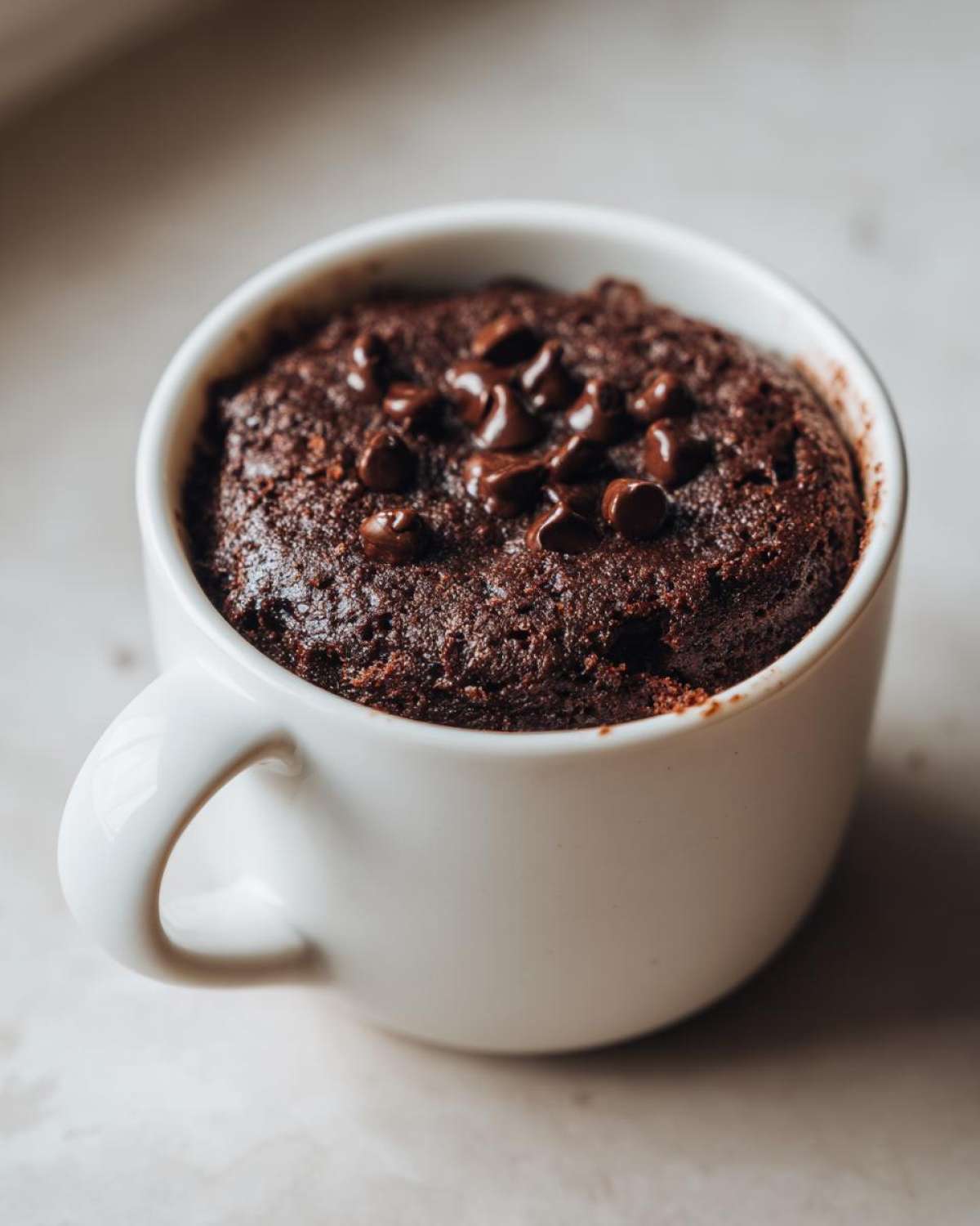 Close-up of a rich, dark chocolate mug cake topped with chocolate chips, ready to eat.