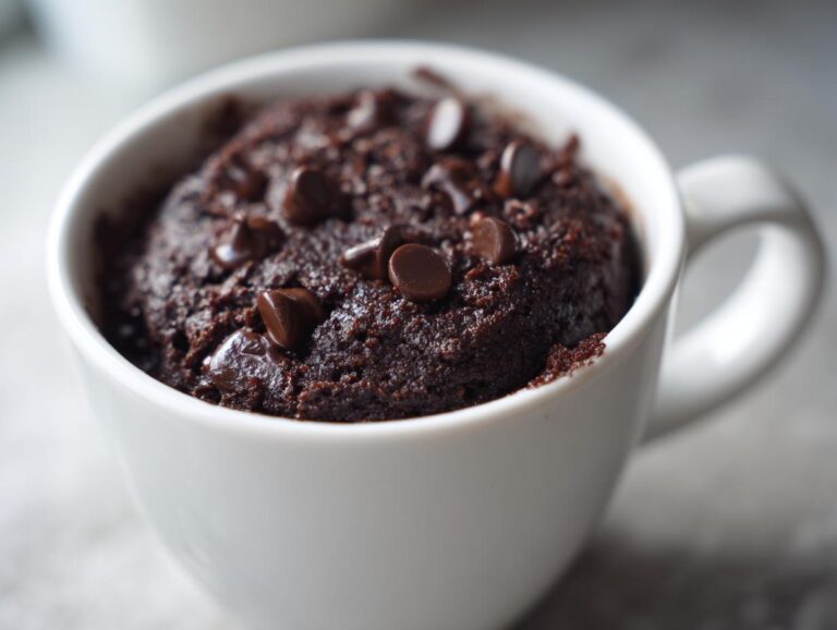 Close-up of a rich, dark chocolate mug cake topped with melted chocolate chips in a white mug.