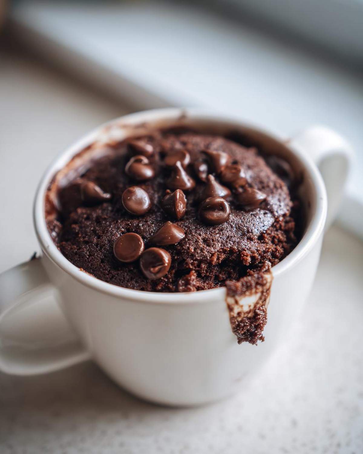 Close-up of a rich chocolate mug cake topped with melted chocolate chips, slightly overflowing the white mug.