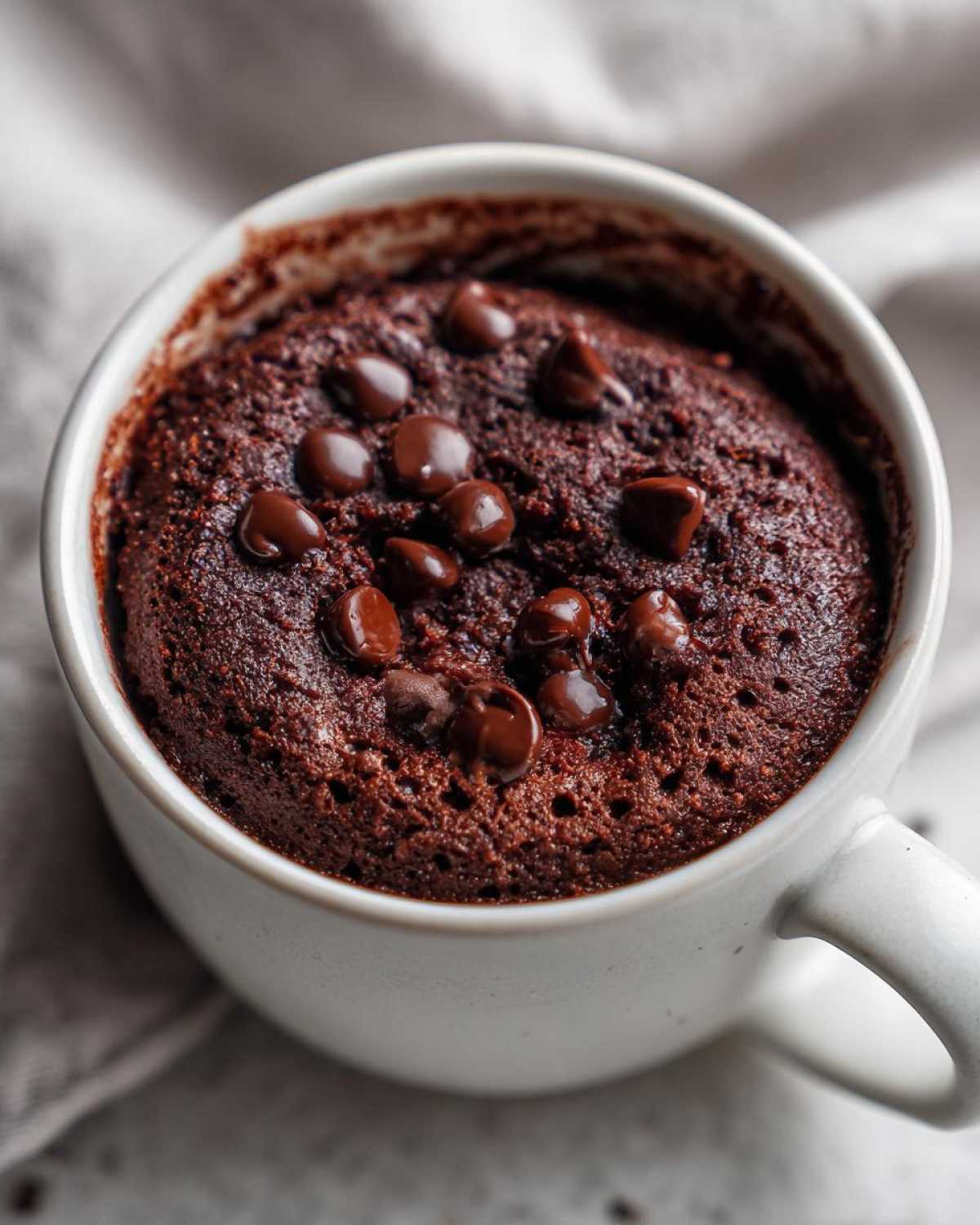 Close-up of a rich, dark chocolate mug cake topped with melted chocolate chips.