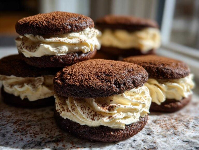 Close-up of several rich, dark chocolate tiramisu cookies filled with whipped cream and dusted with cocoa powder.