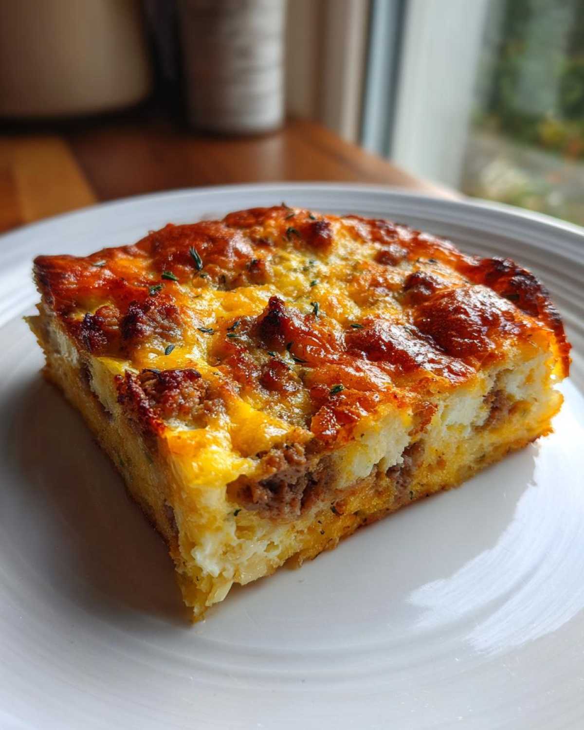 A close-up of a square slice of baked christmas breakfast casserole with browned cheese and sausage.
