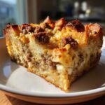 Close-up of a savory slice of christmas breakfast casserole with browned sausage and baked egg custard.