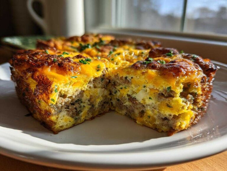 A close-up, cross-section view of a baked christmas breakfast casserole with sausage, eggs, and melted cheddar cheese.