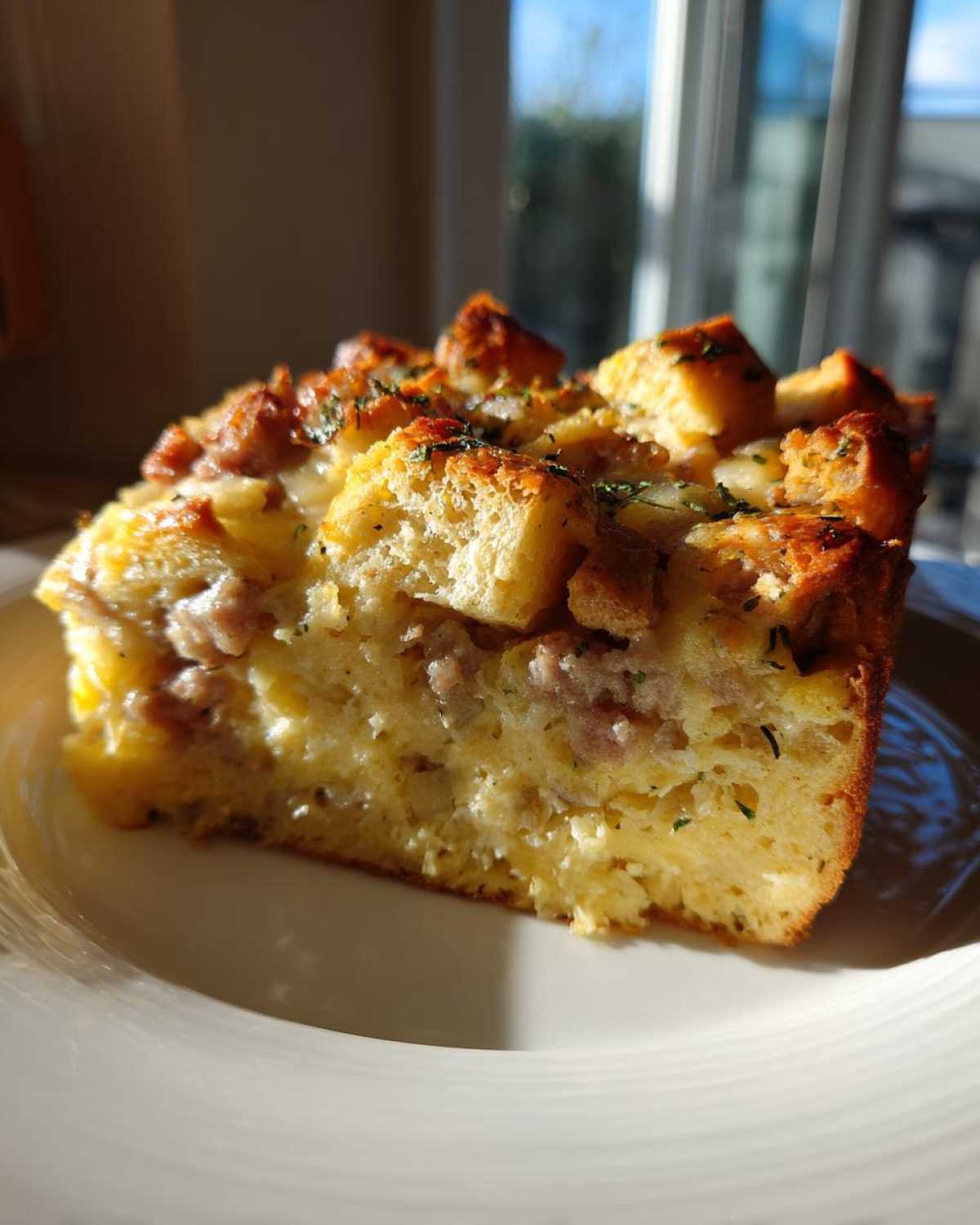 A close-up slice of a savory Christmas breakfast casserole featuring bread cubes, egg custard, and sausage.