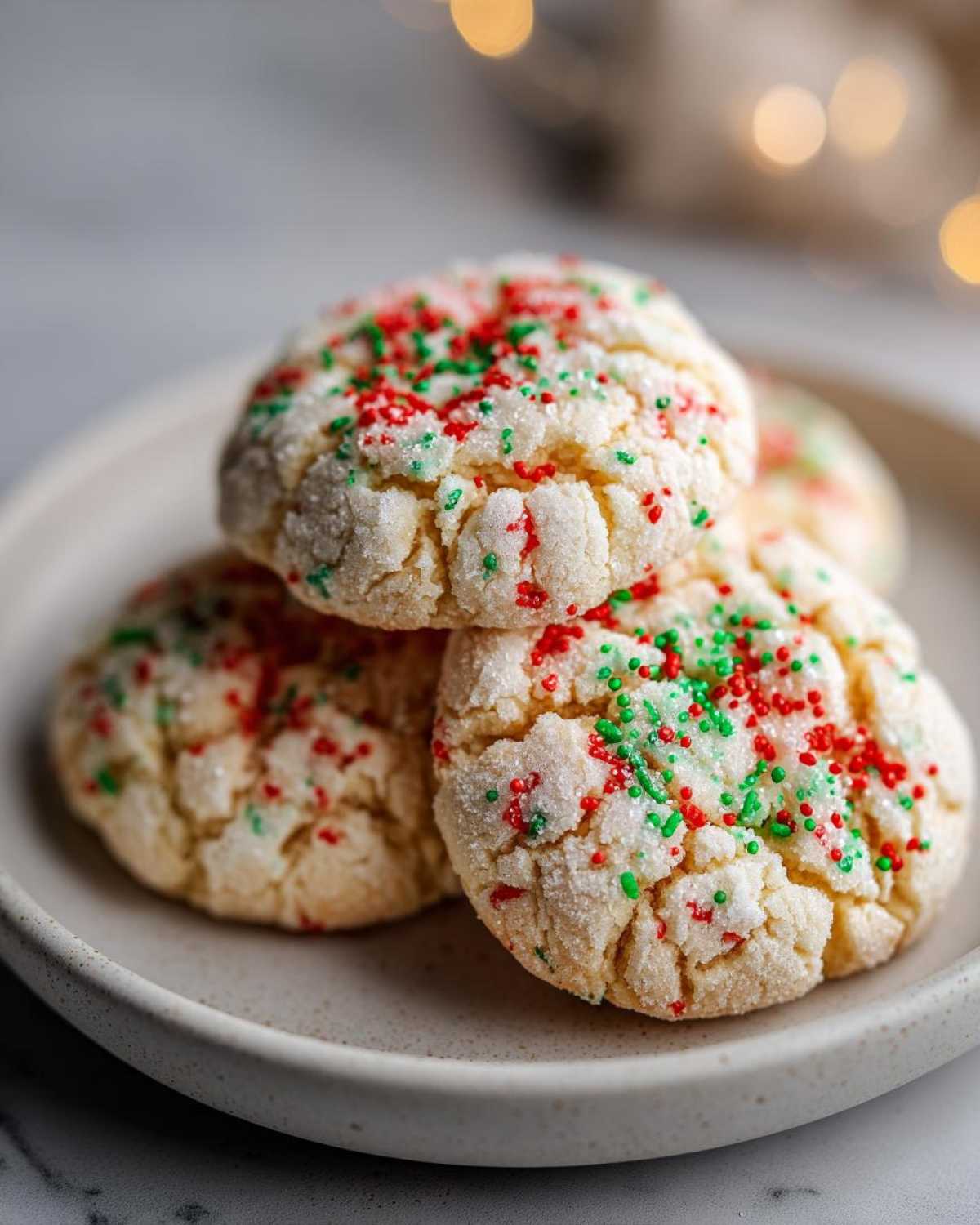 Three soft, crinkled Christmas gooey butter cookies topped with red and green sprinkles on a light plate.