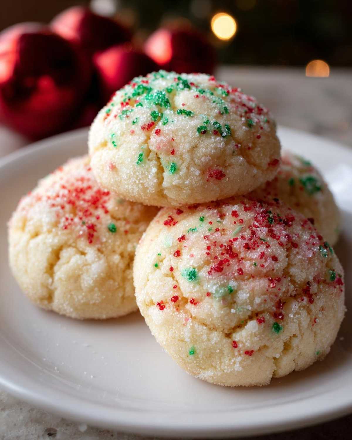 A stack of soft Christmas gooey butter cookies coated in sugar and red/green sprinkles.