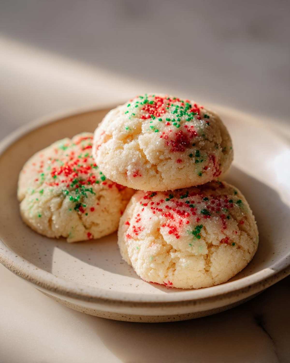 Three soft Christmas gooey butter cookies stacked slightly on a speckled plate, topped with red and green sprinkles.