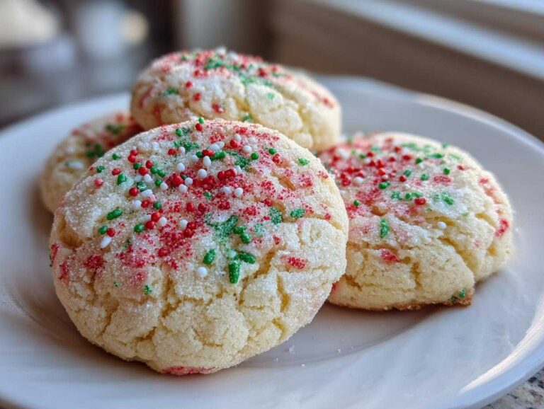 Close-up of four soft Christmas gooey butter cookies topped with red, green, and white holiday sprinkles on a white plate.