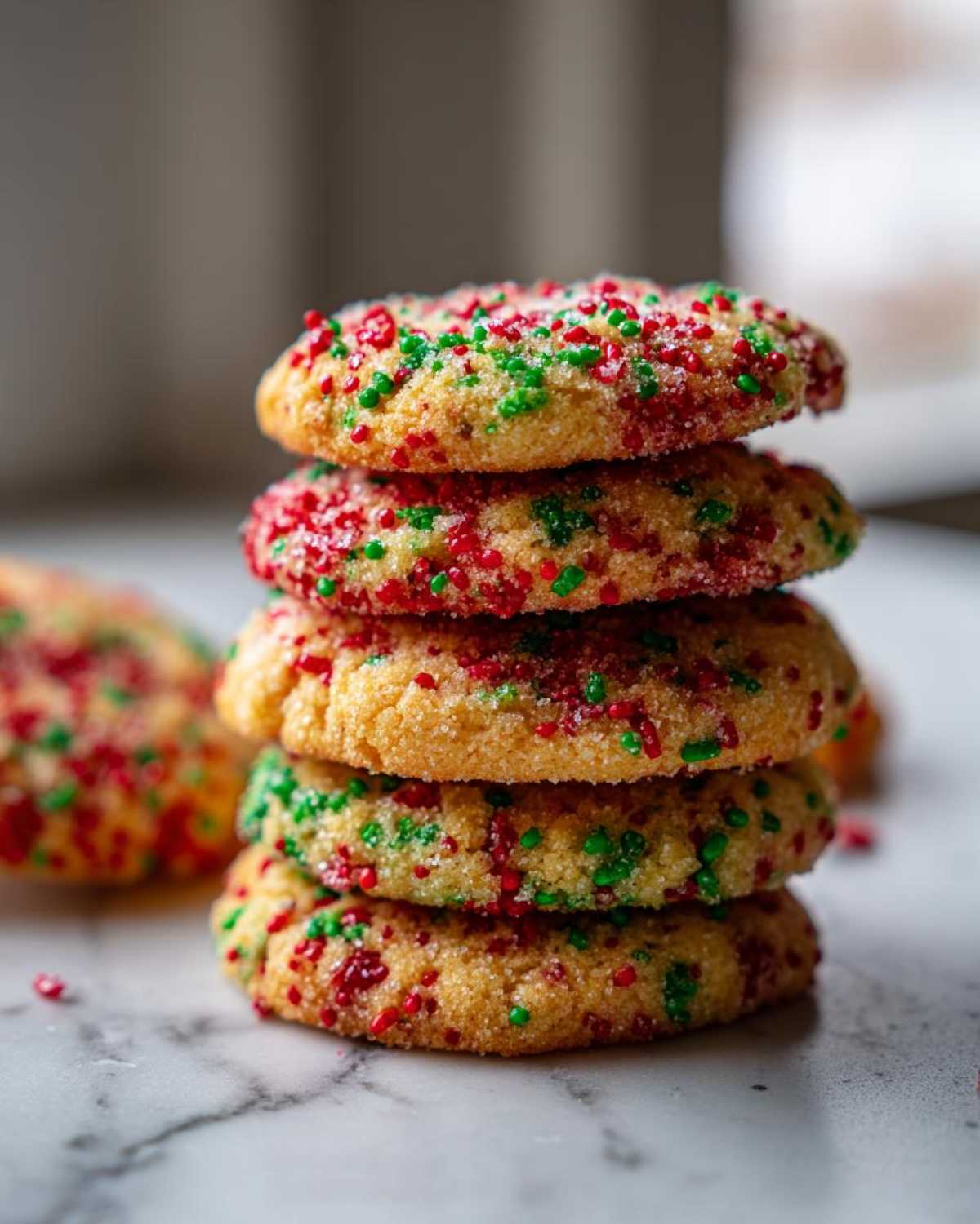 A stack of five soft, golden christmas sprinkle sugar cookies topped with red and green holiday sprinkles.