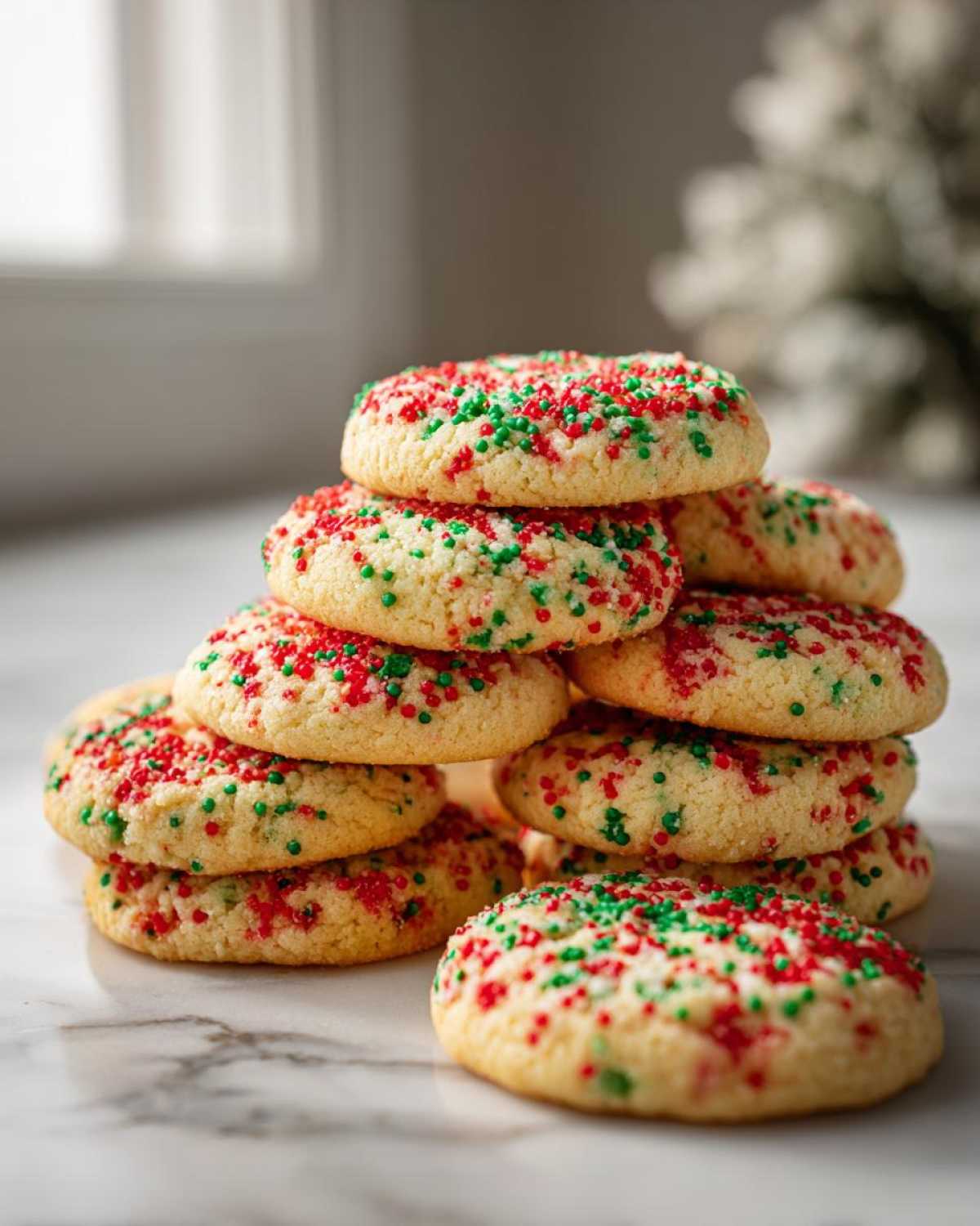 A tall stack of freshly baked christmas sprinkle sugar cookies topped with red and green nonpareils on a marble surface.
