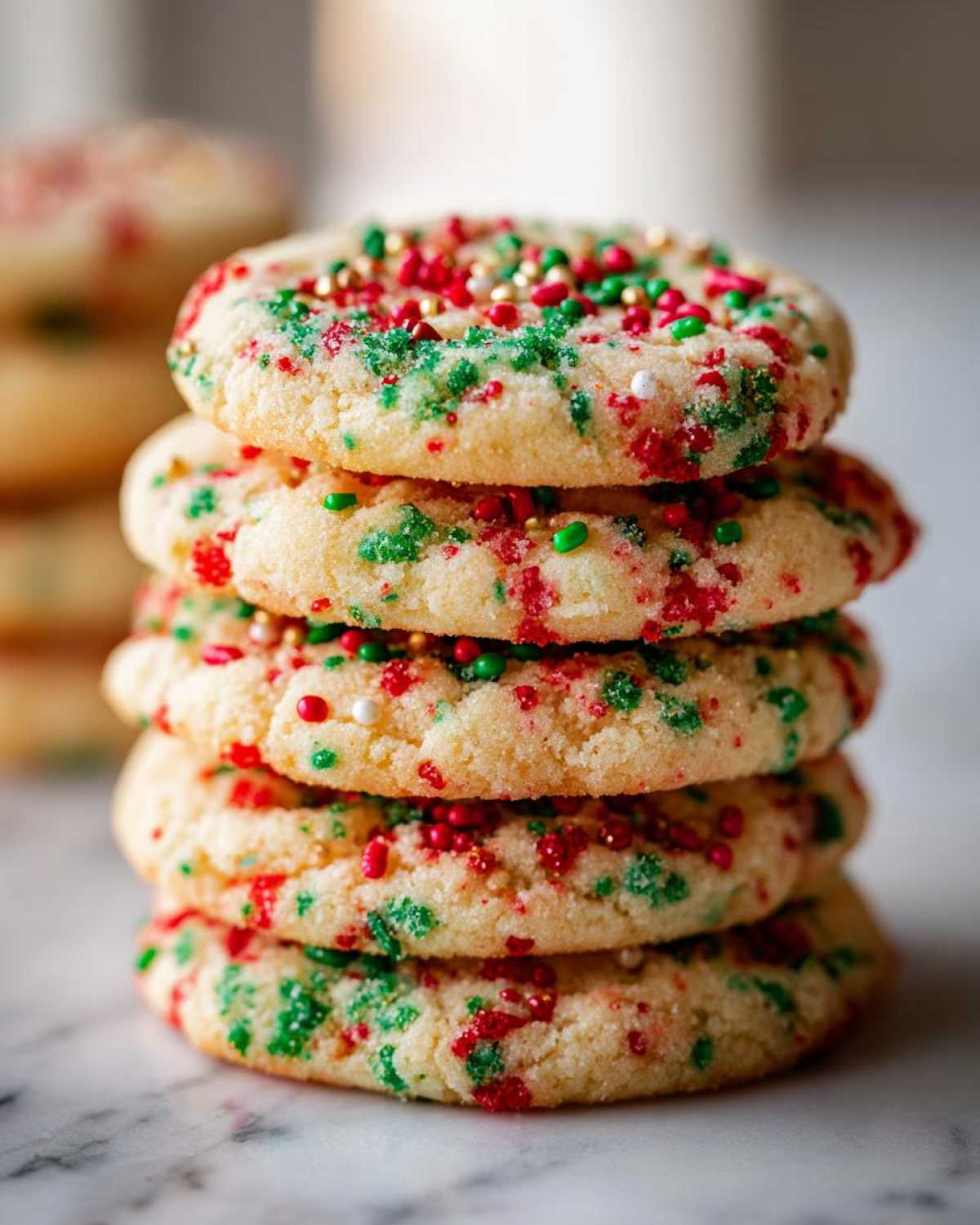A tall stack of five soft christmas sprinkle sugar cookies topped with red, green, and gold holiday sprinkles.