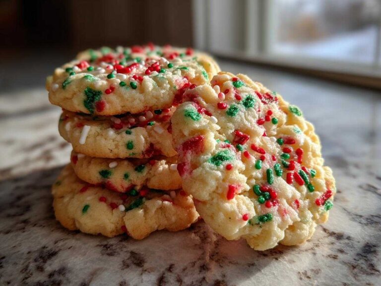 A close-up stack of soft, round christmas sprinkle sugar cookies topped with red, green, and white holiday sprinkles.