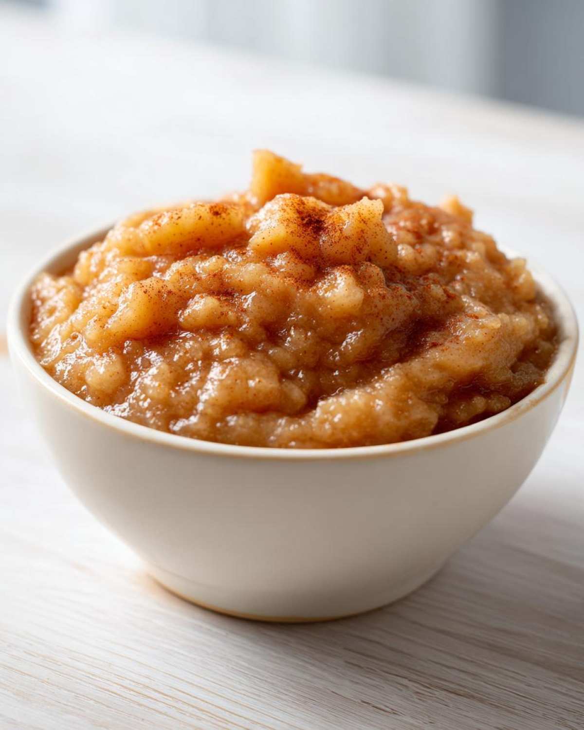 Close-up of chunky, homemade applesauce in a white bowl, topped with cinnamon.