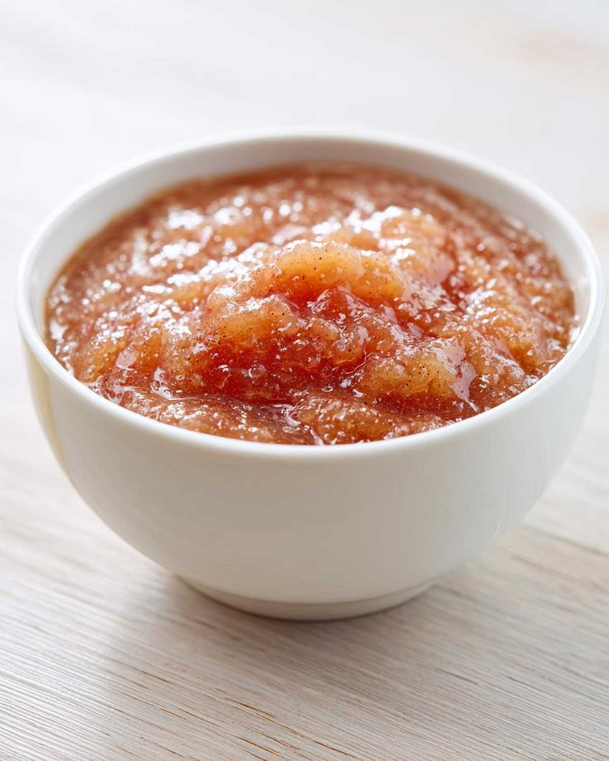 Close-up of chunky, spiced applesauce served in a small white bowl on a light wooden surface.