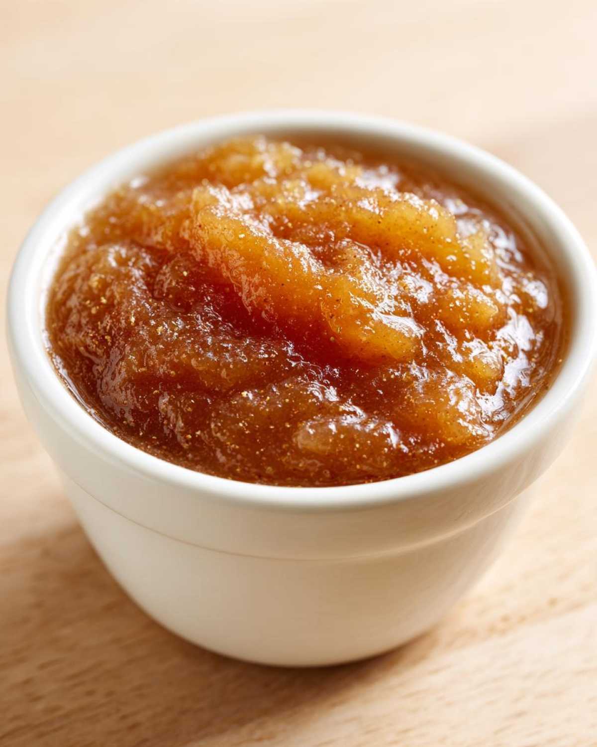 A close-up shot of thick, rich brown applesauce, likely spiced with cinnamon, served in a small white ramekin.