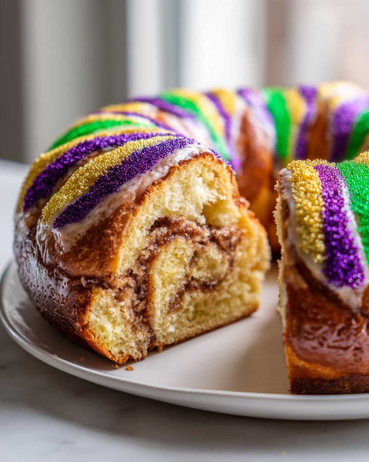 A slice cut from a homemade king cake showing the cinnamon swirl filling and colorful Mardi Gras sprinkles.