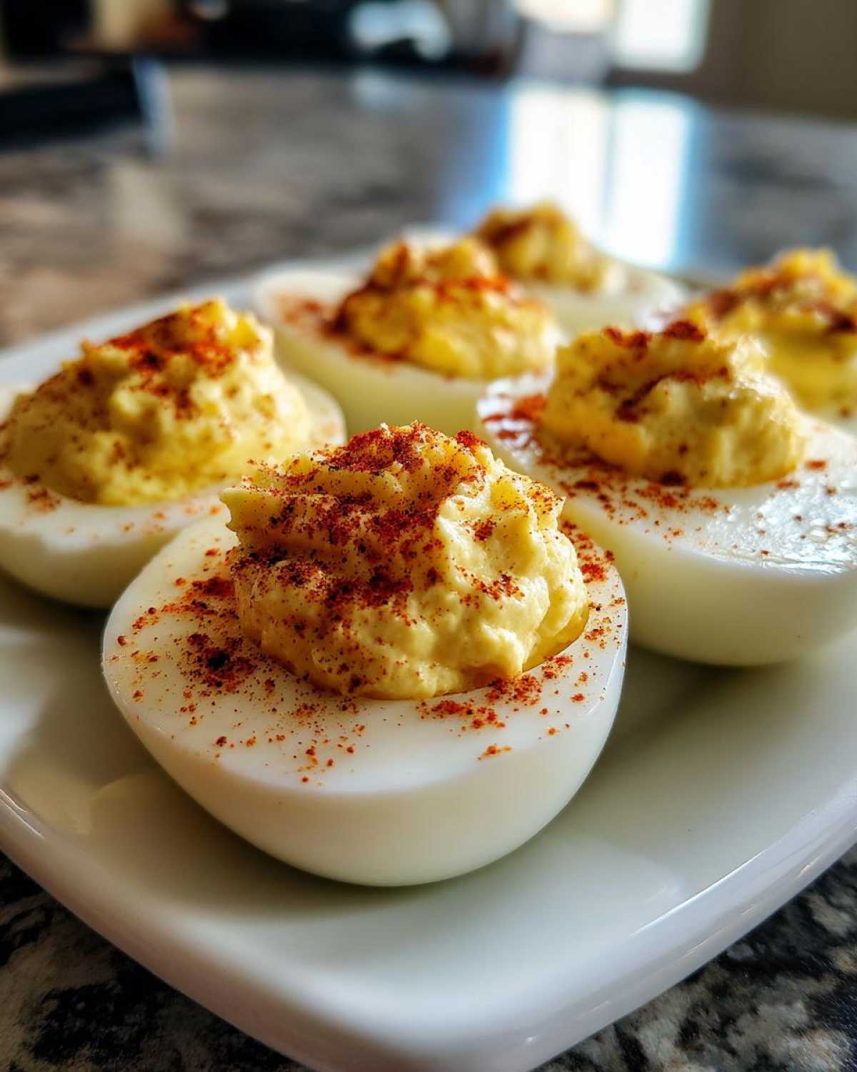 Close-up of several classic deviled eggs filled with creamy yolk mixture and sprinkled heavily with paprika.