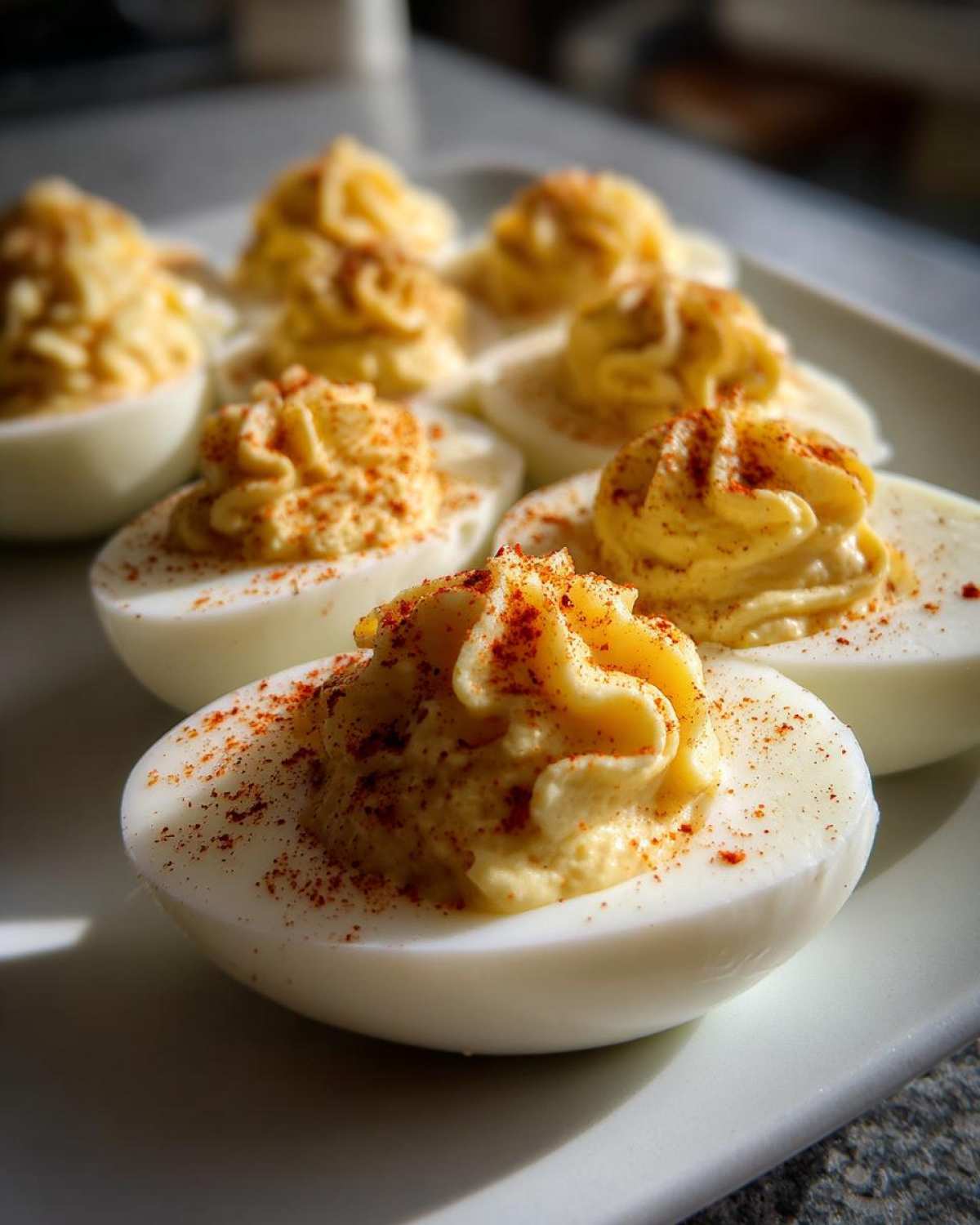 Close-up of several classic deviled eggs arranged on a white plate, topped with piped filling and paprika.