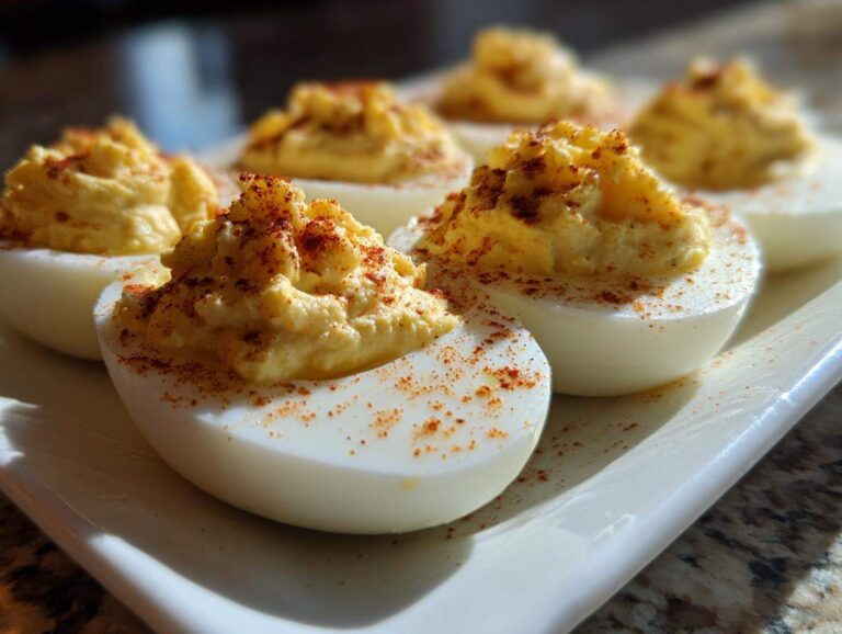 Amazing 12 classic deviled eggs recipe Close-up of several classic deviled eggs topped with creamy yolk filling and sprinkled paprika.