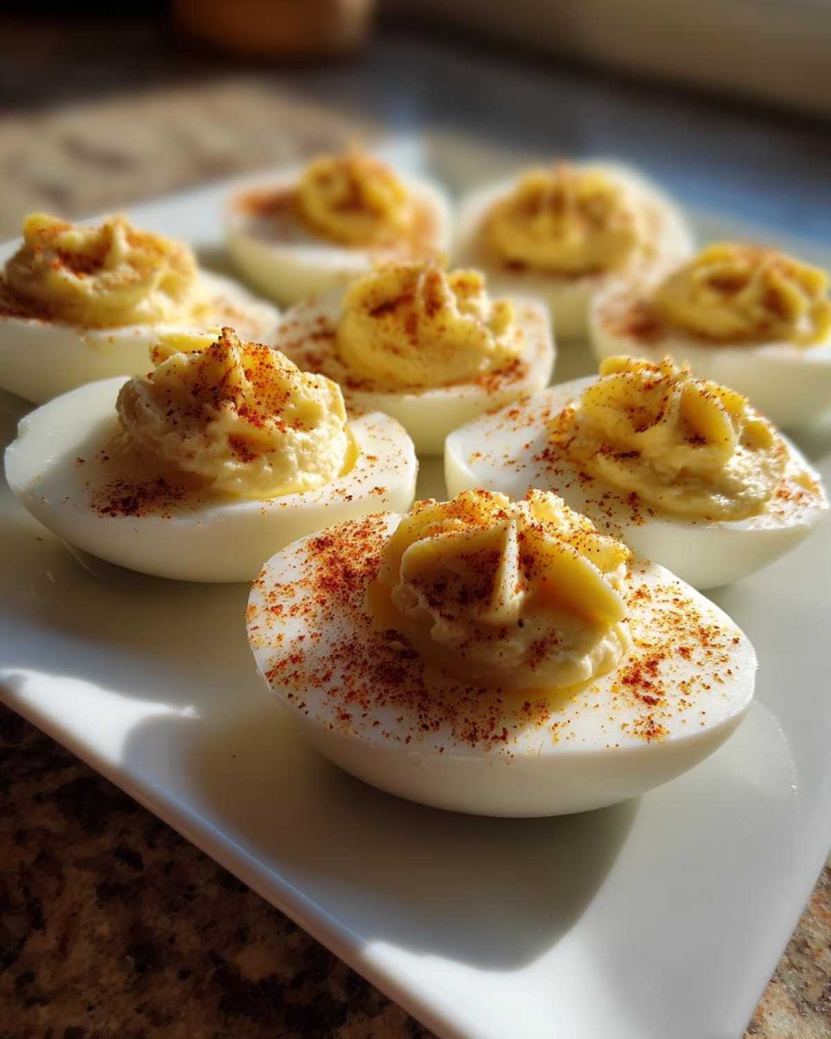A close-up of several classic deviled eggs arranged on a white platter, topped with piped filling and sprinkled with paprika.