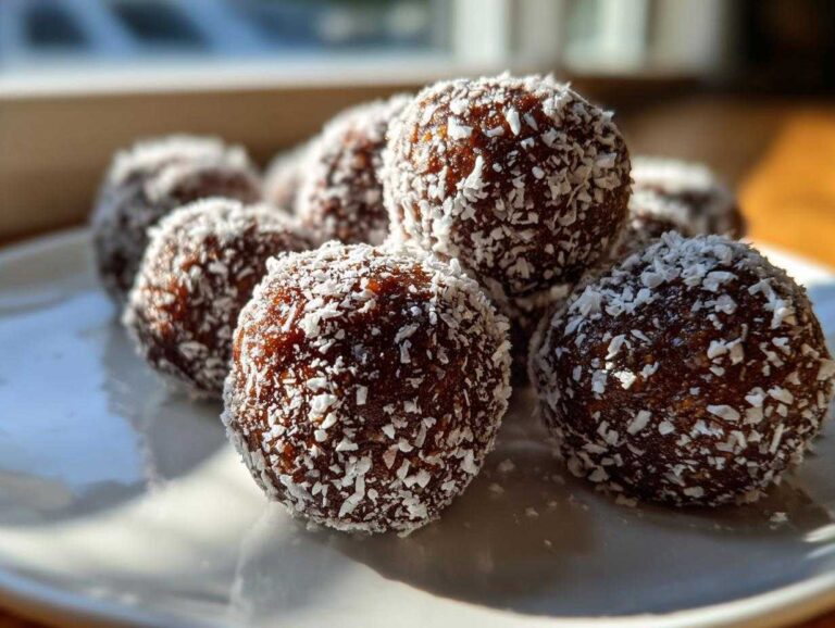 Close-up of several rich, dark bourbon balls rolled in shredded coconut, sitting on a white plate.