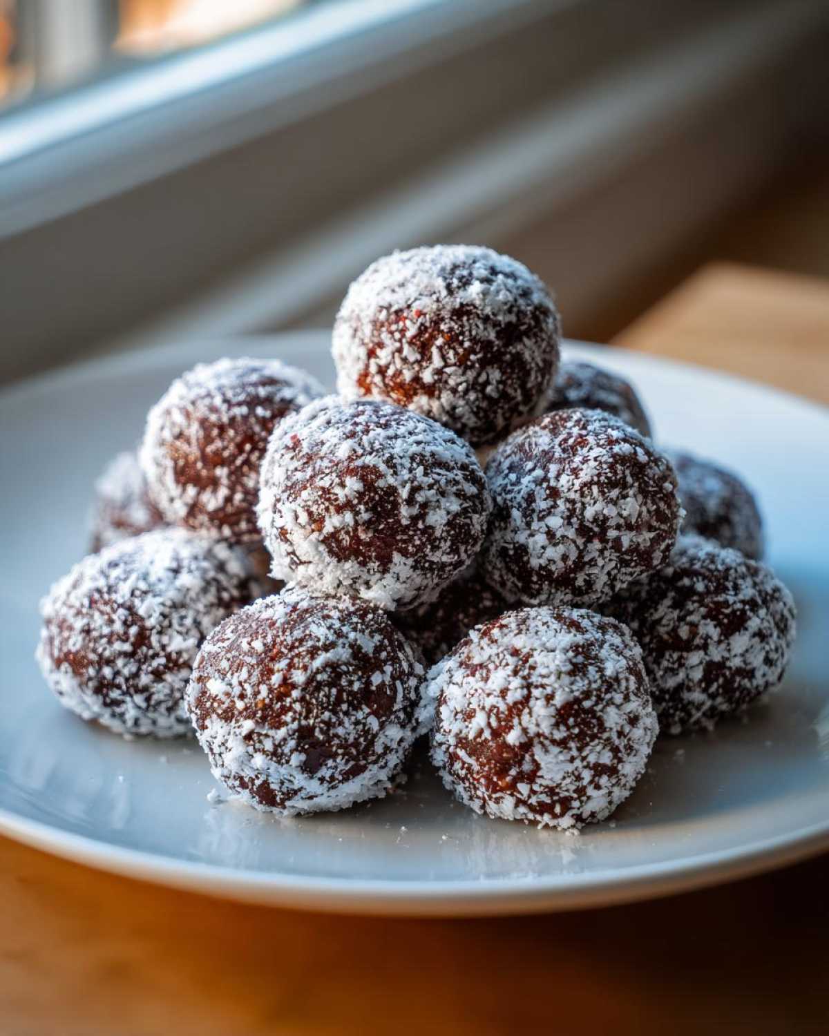 A close-up, slightly backlit photo of a mound of dark chocolate bourbon balls coated in shredded coconut.