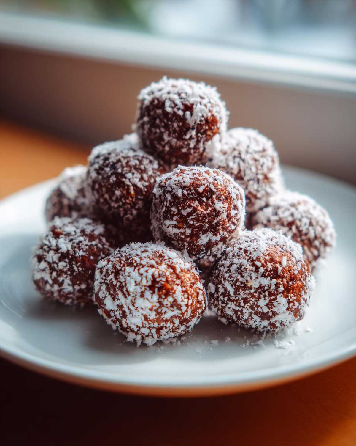 A stack of rich, dark bourbon balls generously coated in shredded white coconut on a white plate.