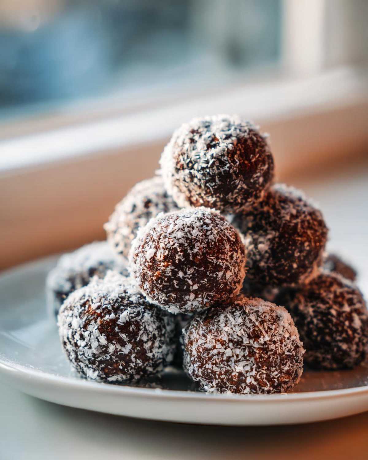 A close-up stack of rich, dark bourbon balls generously coated in shredded white coconut.