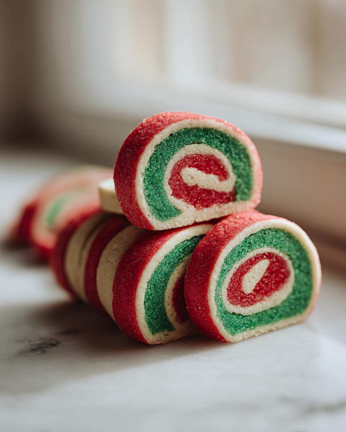 Close-up of stacked, brightly colored red, green, and white pinwheel cookies dusted with sugar.