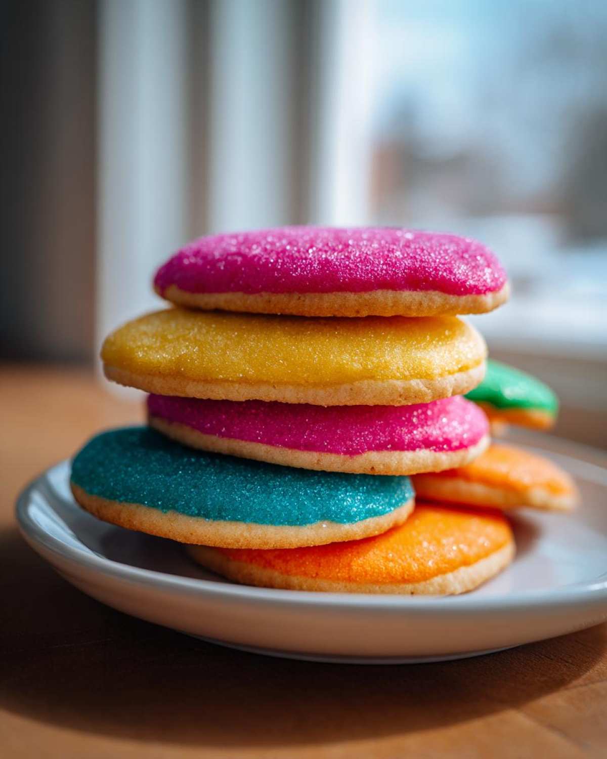 A stack of five brightly colored sugar cookies topped with sugar cookie icing that hardens, featuring pink, yellow, blue, and orange.