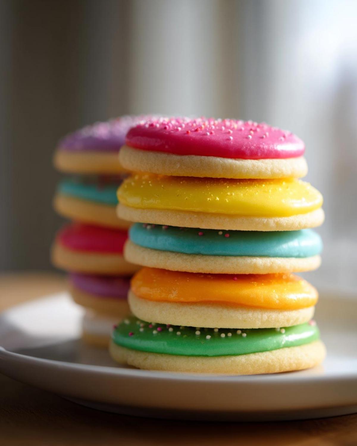Stack of sugar cookies topped with vibrant, hardened sugar cookie icing in pink, yellow, blue, orange, and green.