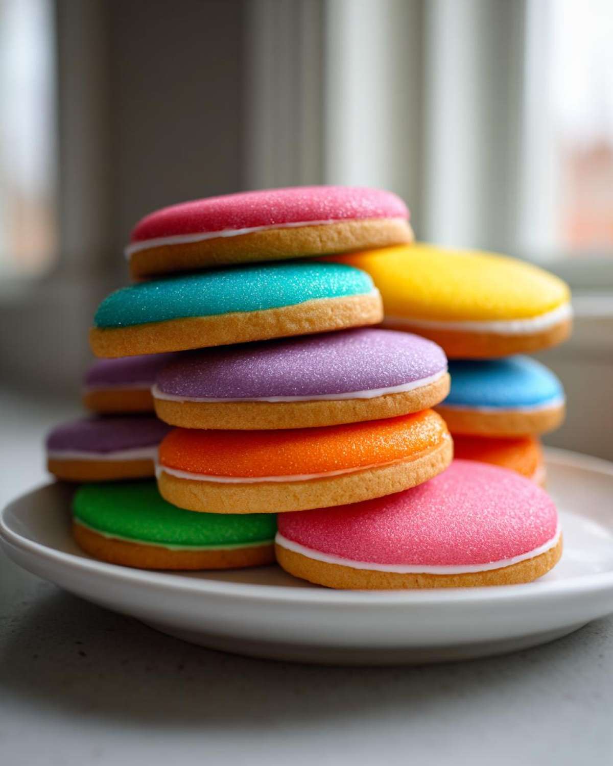 Stack of colorful sugar cookies topped with sugar cookie icing that hardens, featuring pink, purple, green, and yellow.