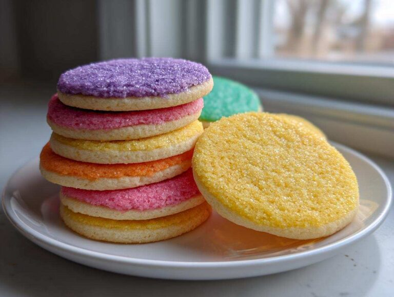 Stack of colorful sugar cookies topped with sparkling sugar, demonstrating the sugar cookie icing that hardens.