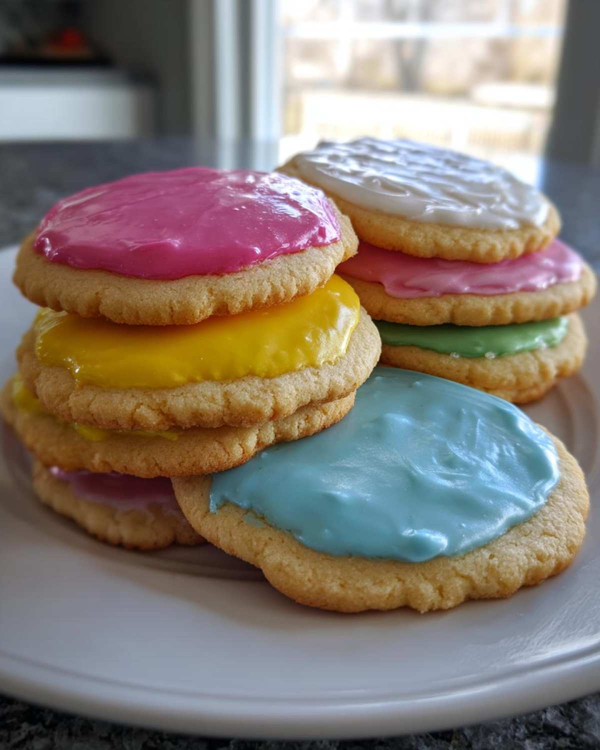 Stack of sugar cookies topped with brightly colored, smooth sugar cookie icing that hardens.