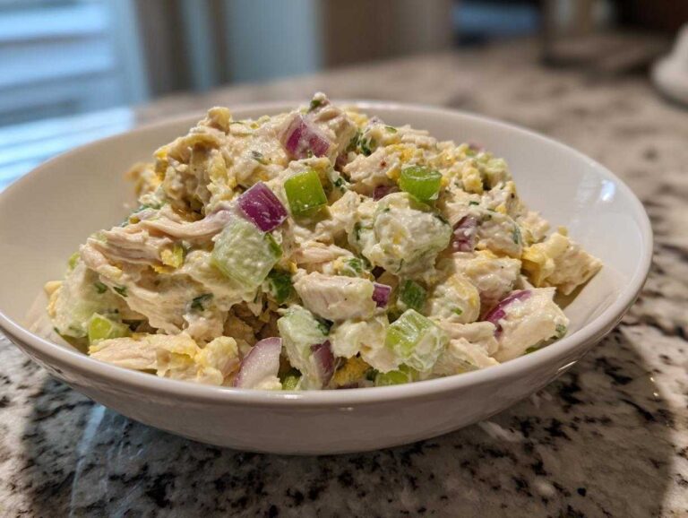 A close-up of creamy cottage cheese chicken salad mixed with celery and red onion, served in a white bowl.
