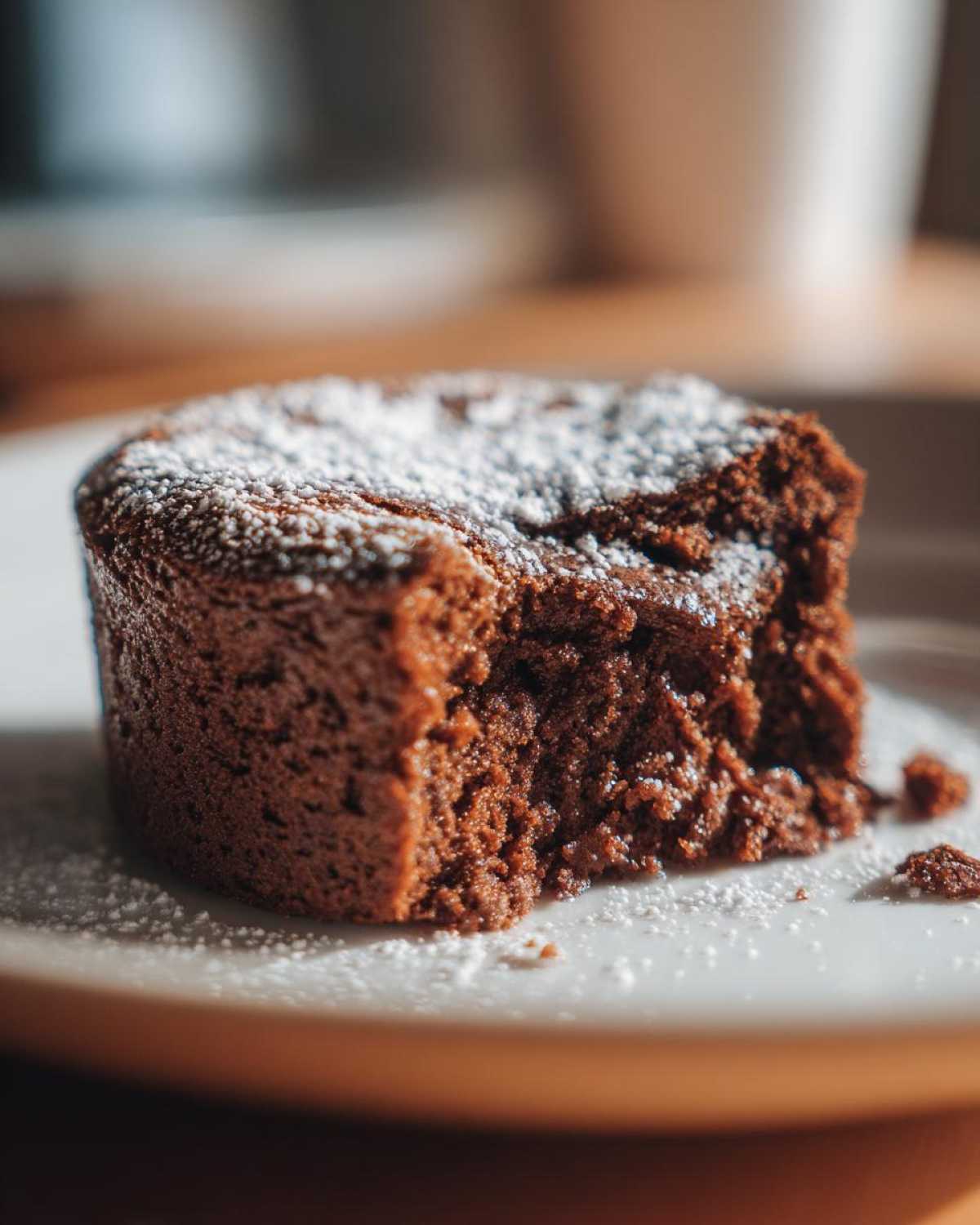 Close-up of a rich, dark chocolate Cottage Cheese Microwave Brownie with a bite taken out, dusted with powdered sugar.