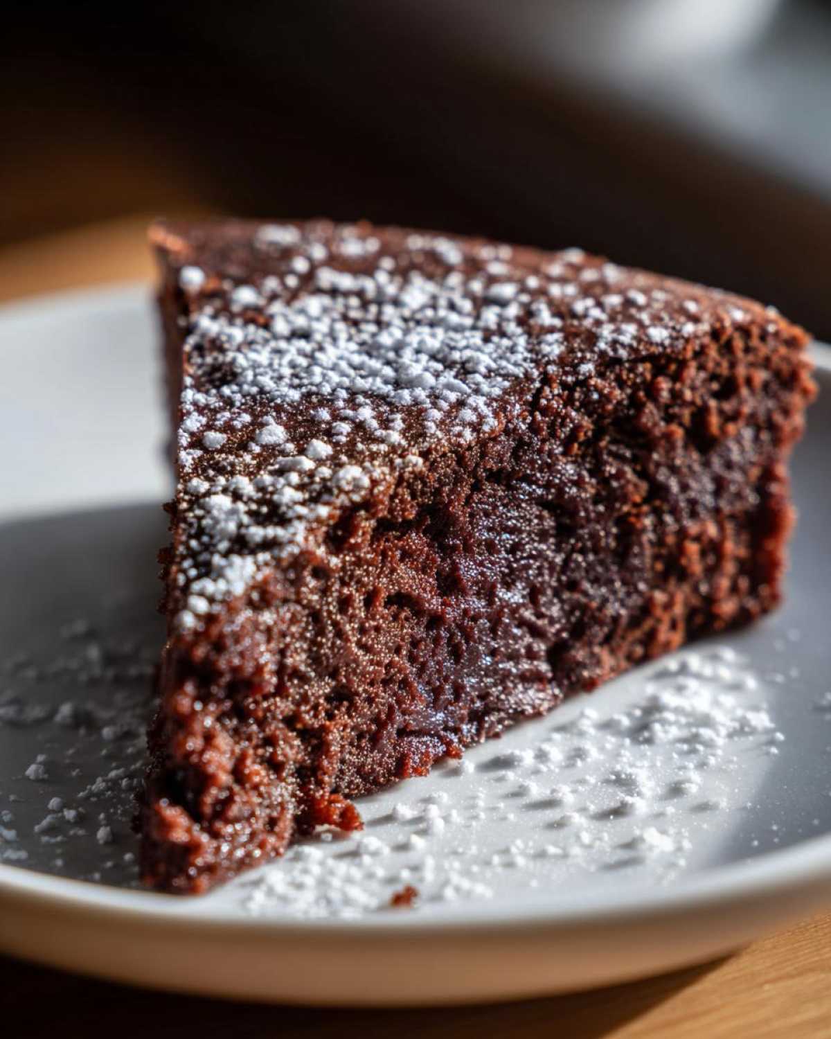 Close-up of a rich, dark slice of Cottage Cheese Microwave Brownie dusted with powdered sugar on a white plate.