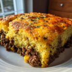 A thick slice of cowboy cornbread casserole showing a savory meat base and a golden, cheesy cornbread topping.