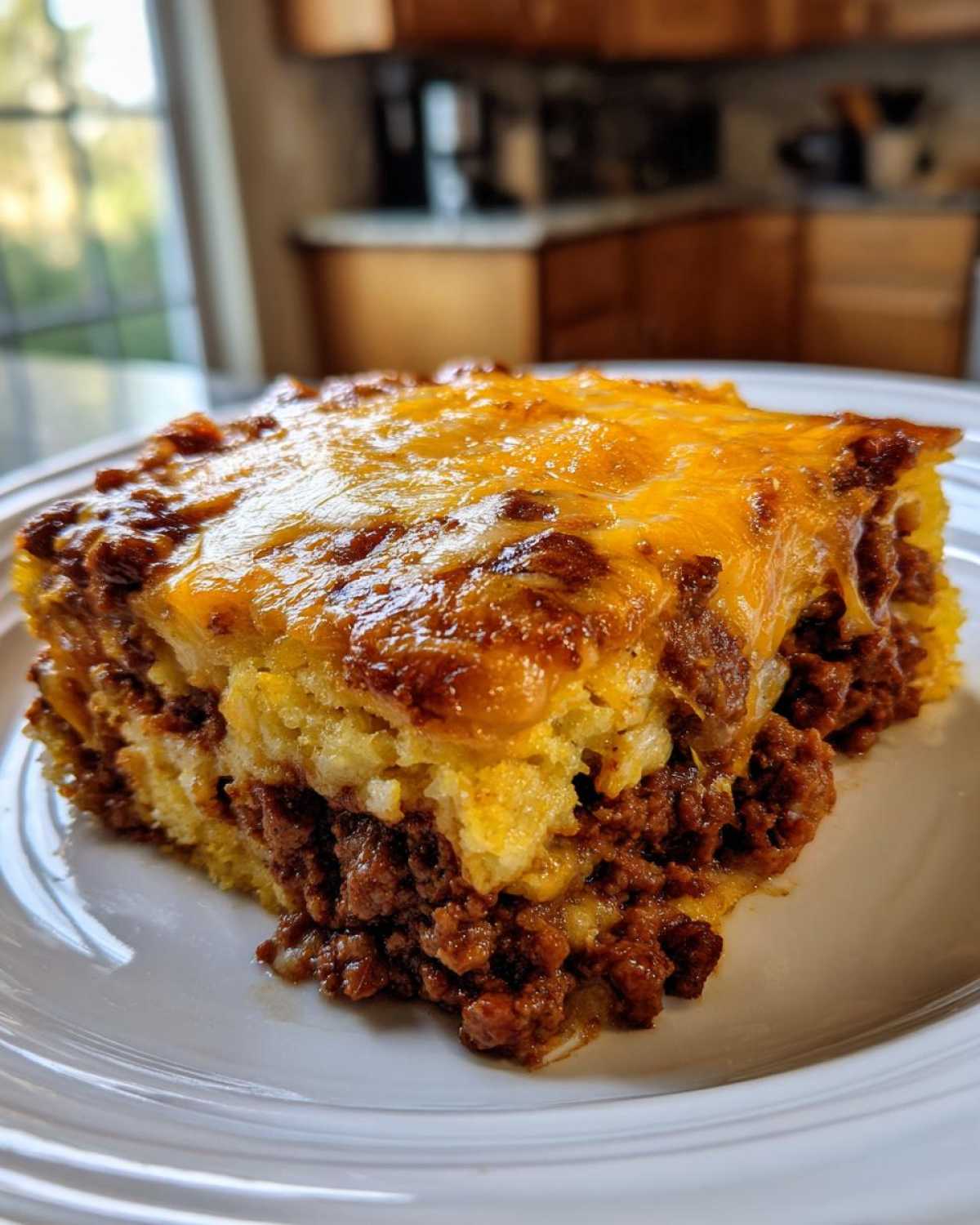 A thick slice of cowboy cornbread casserole with a layer of seasoned ground beef and melted cheddar cheese topping.