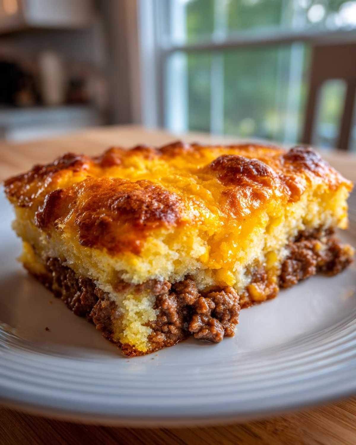 A close-up of a square slice of cowboy cornbread casserole with a cheesy top and ground meat filling.