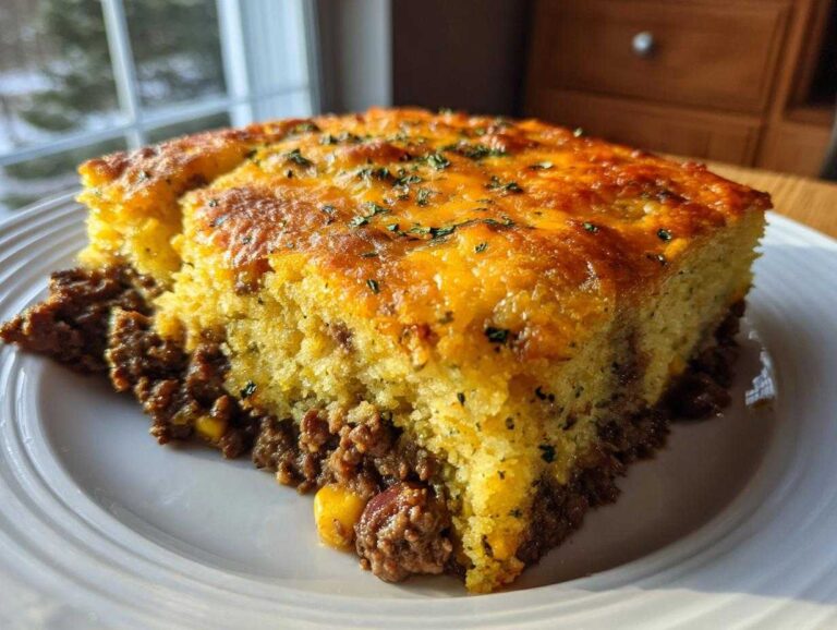 A thick slice of cowboy cornbread casserole showing a savory meat base and a golden, cheesy cornbread topping.
