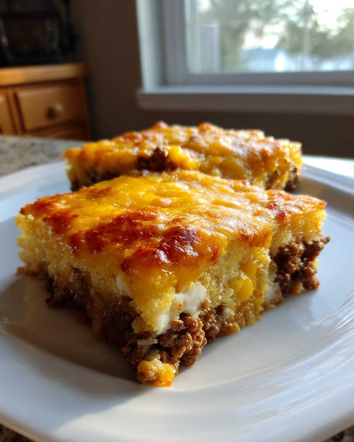 Two slices of hearty cowboy cornbread casserole with ground meat and melted cheddar cheese topping.