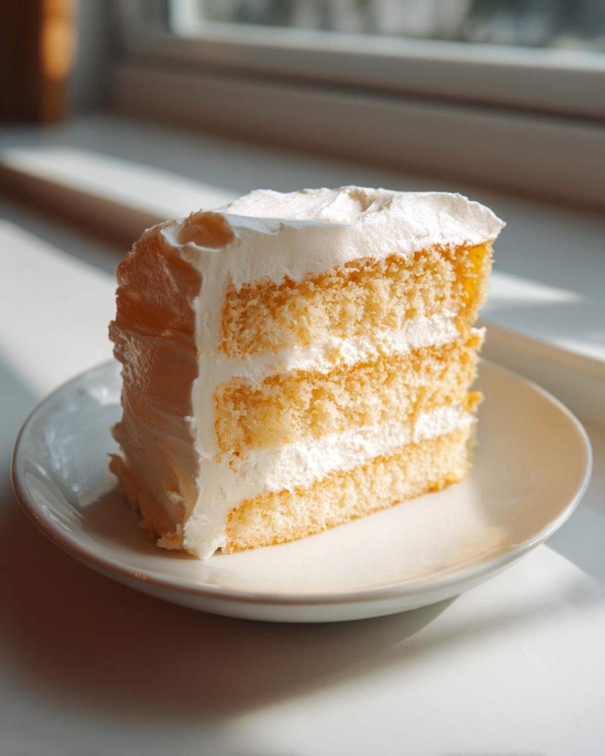 A perfect slice of layered Creamsicle Cake with orange-hued sponge and white frosting, sitting on a small plate.